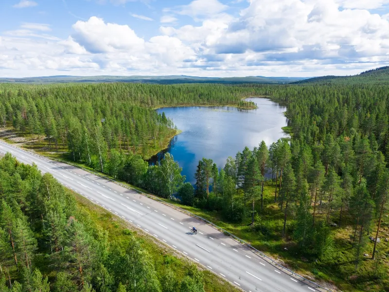 Una strada che attraversa la foresta svedese accanto a un piccolo lago