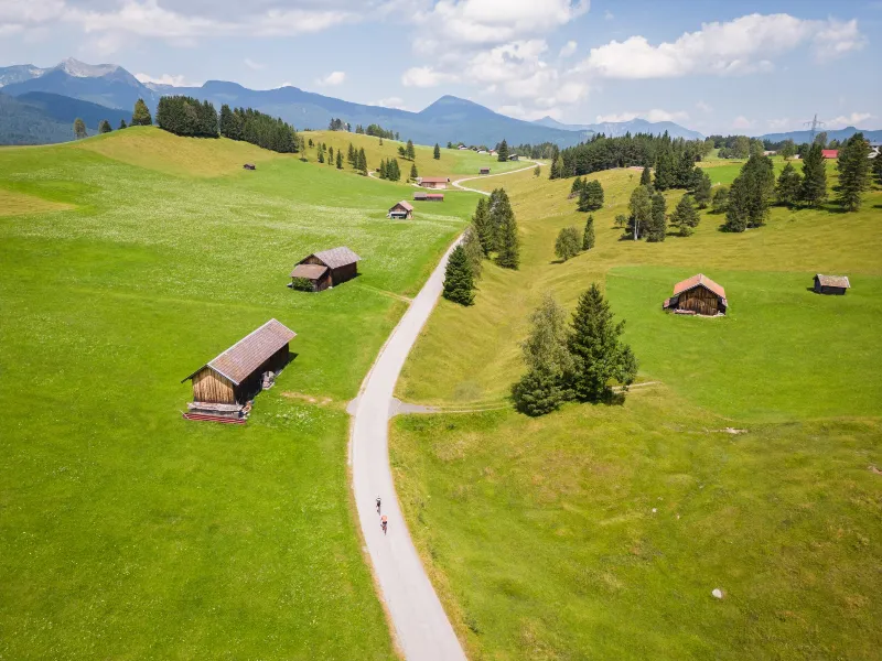 Una strada bianca tra i prati alpini punteggiati di baite di legno, le montagne all'orizzonte