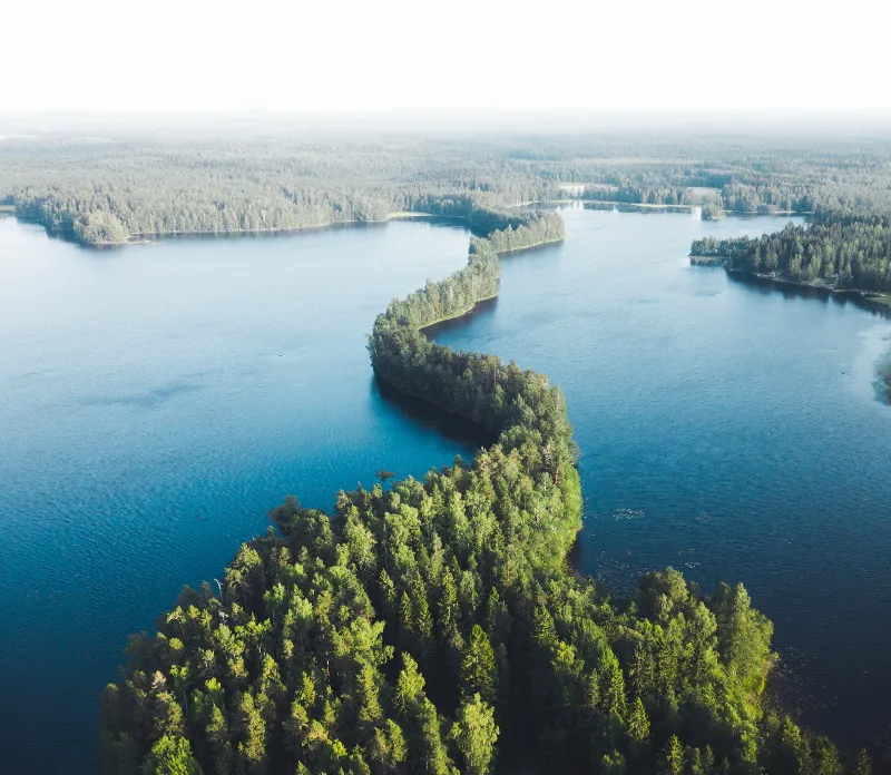 Long ridges of forest running between the blue lakes of Finland, seen from above