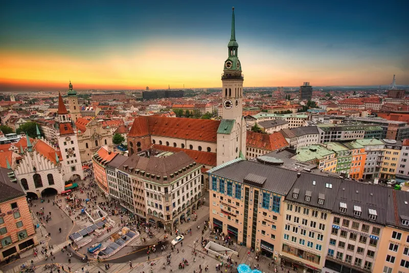 The roofs of Munich and the spires around Marienplatz at sunset